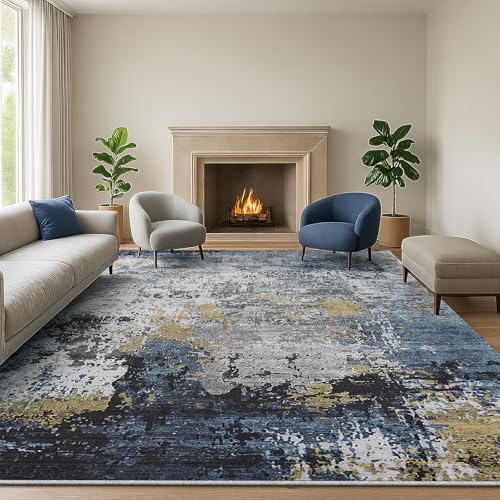 SOANNY Living Room Rug 160x230 cm Large Non-Slip Washable Low Pile Modern Abstract Area Carpet for Bedroom, Hallway, Kitchen, Laundry, Entryway, Utility, Beside Sofa, Office, Blue Gold