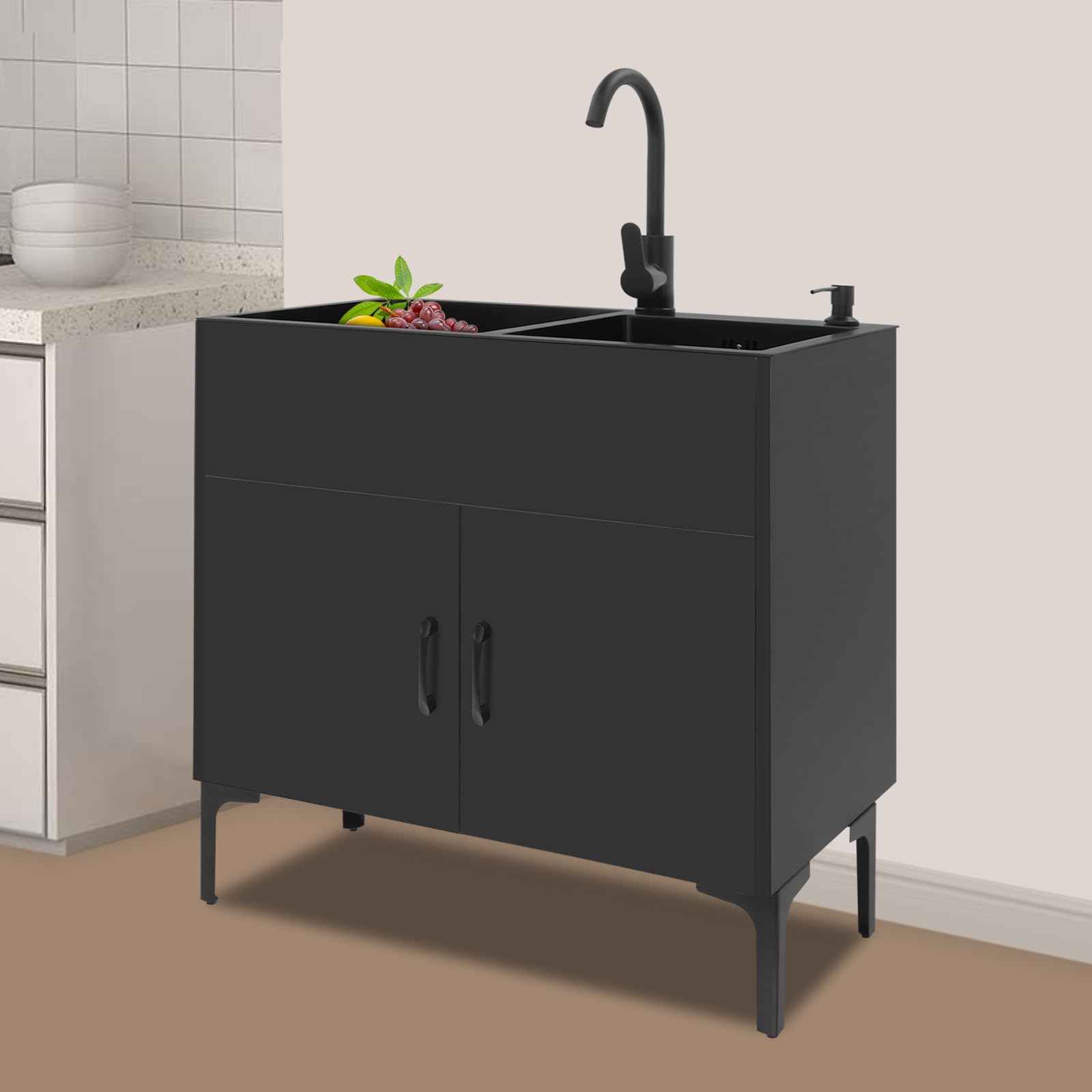 Lavello da cucina autoportante con base e rubinetto, in acciaio inox con 2 vasche scolapiatti e scarico, per cucina, giardino, esterno, officina, lavanderia, campeggio (nero)