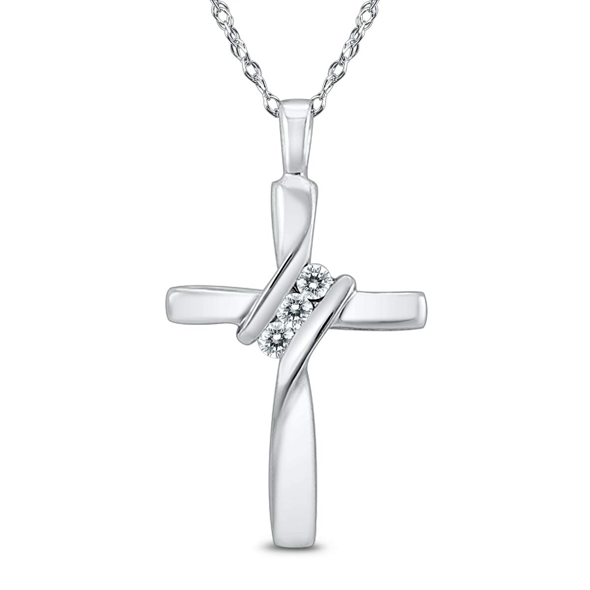 AGS Certified Three Stone Diamond Cross Pendant in 10K White Gold