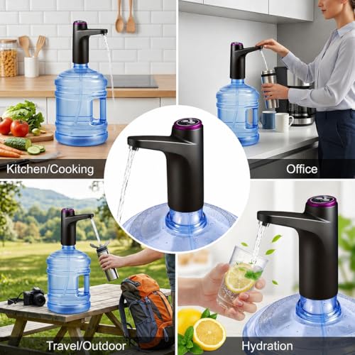 Image of Electric Water Dispenser Pump, USB Rechargeable, Portable, for 5L to 20L Bottles, Stainless Steel Spout, Food Grade Silicone Hose