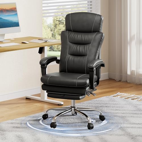 DEVAISE Chefsesse PU Leder, Bürostuhl Ergonomisch mit Fußstütze und Lendenwirbelstütze, Wippfunktion und Winkelverriegelung, Hohe Rückenlehne, Höhenverstellbar, Liegestuhl für Büro, Schwarz, Bis 200kg