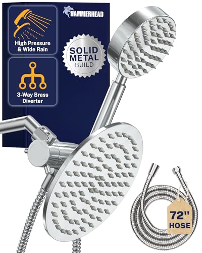 HammerHead Showers® Solid Metal Dual Shower Head Combo – CHROME – 8 Inch Rainfall High Flow Shower Head & Handheld Shower Head High Pressure with Hose 6ft - Hotel-Like Double Shower Heads