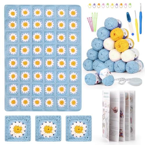 Image of Katech Crochet Kit for Beginners - Granny Square Blanket with Daisy Squares, Step-by-Step Tutorials - Blue