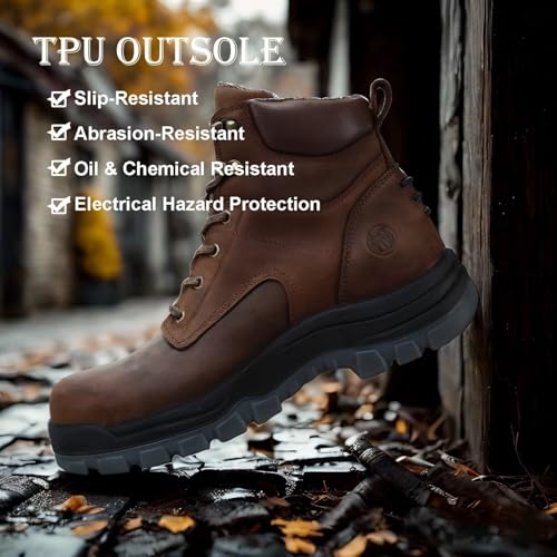 Men’s 6" Soft Toe & Composite Toe Work Boots, Brown & Black, Slip Resistant, Water Resistant, Anti-Puncture, Lightweight & Durable Boots for Construction2