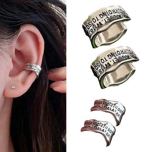 Lote de 2 pares de pendientes Ear Cuff sin perforación | Acero inoxidable | Verde aguacate y estilo graffiti | Accesorio de moda para mujer | Cómodos y ligeros