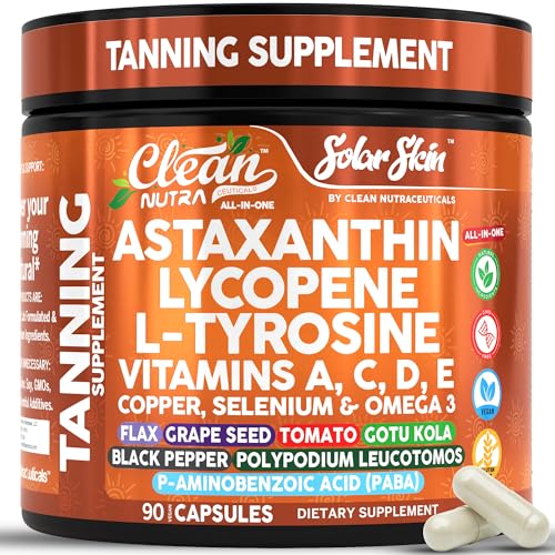 Solar Skin Astaxanthin Tanning Supplement Lycopene L-Tyrosine Vitamins A C D E, PABA Beta Carotene...
