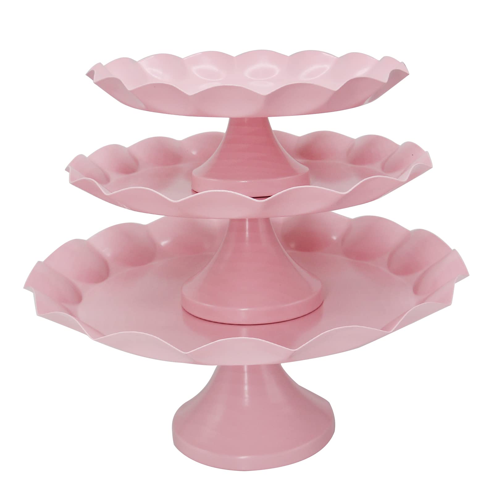 Set of 3 Pcs Wave Rim Cake Stands Iron Cake Holder Dessert Display Plate Serving Tray for Baby Shower Wedding Birthday Party (Pink)
