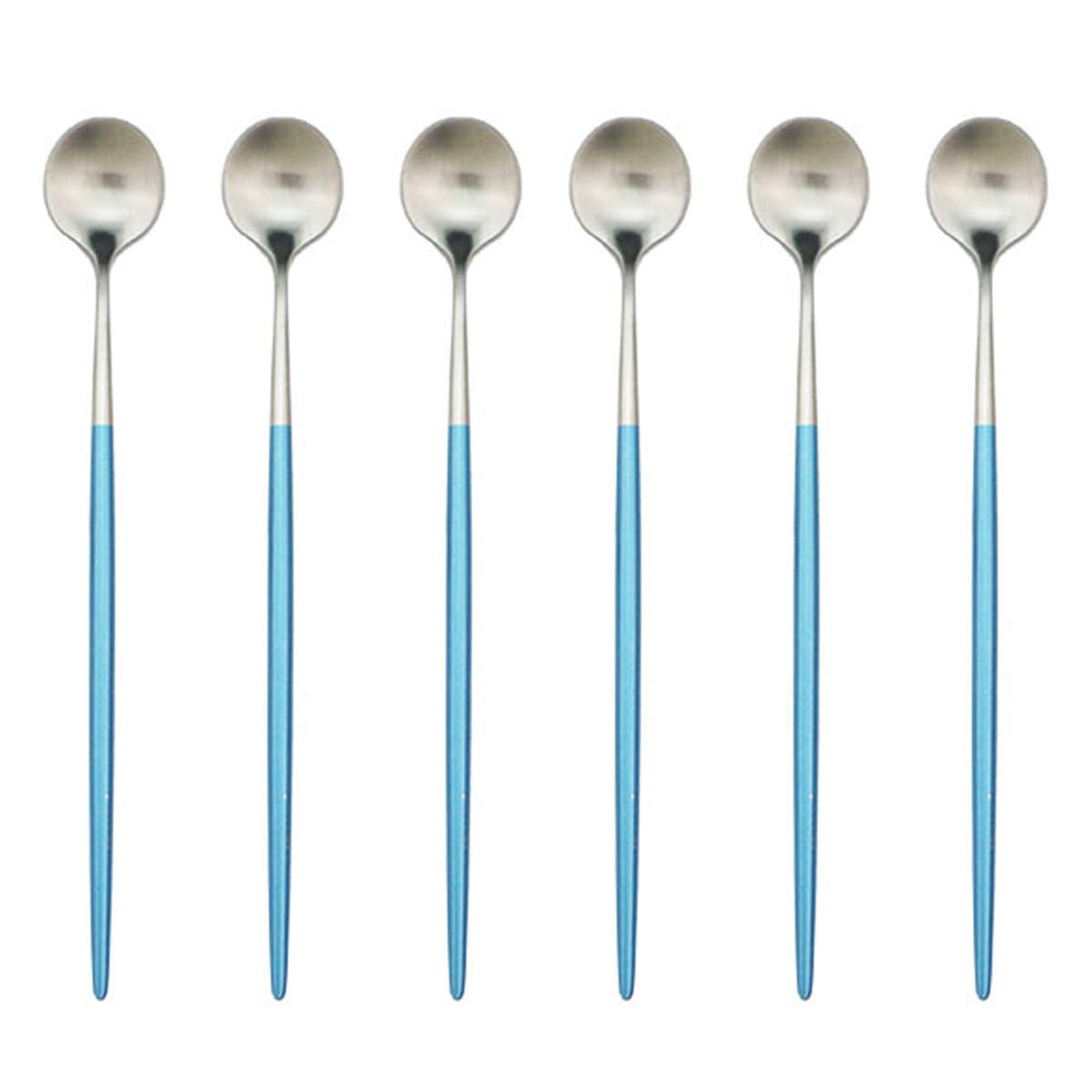 BRIIEC Long Handle Spoon, Ice Tea Spoon, 18/10 Stainless Steel Iced Teaspoon for Mixing, Cocktail Stirring, Tea, Coffee, Milkshake, Cold Drink, Set of 6. (Blue silver)
