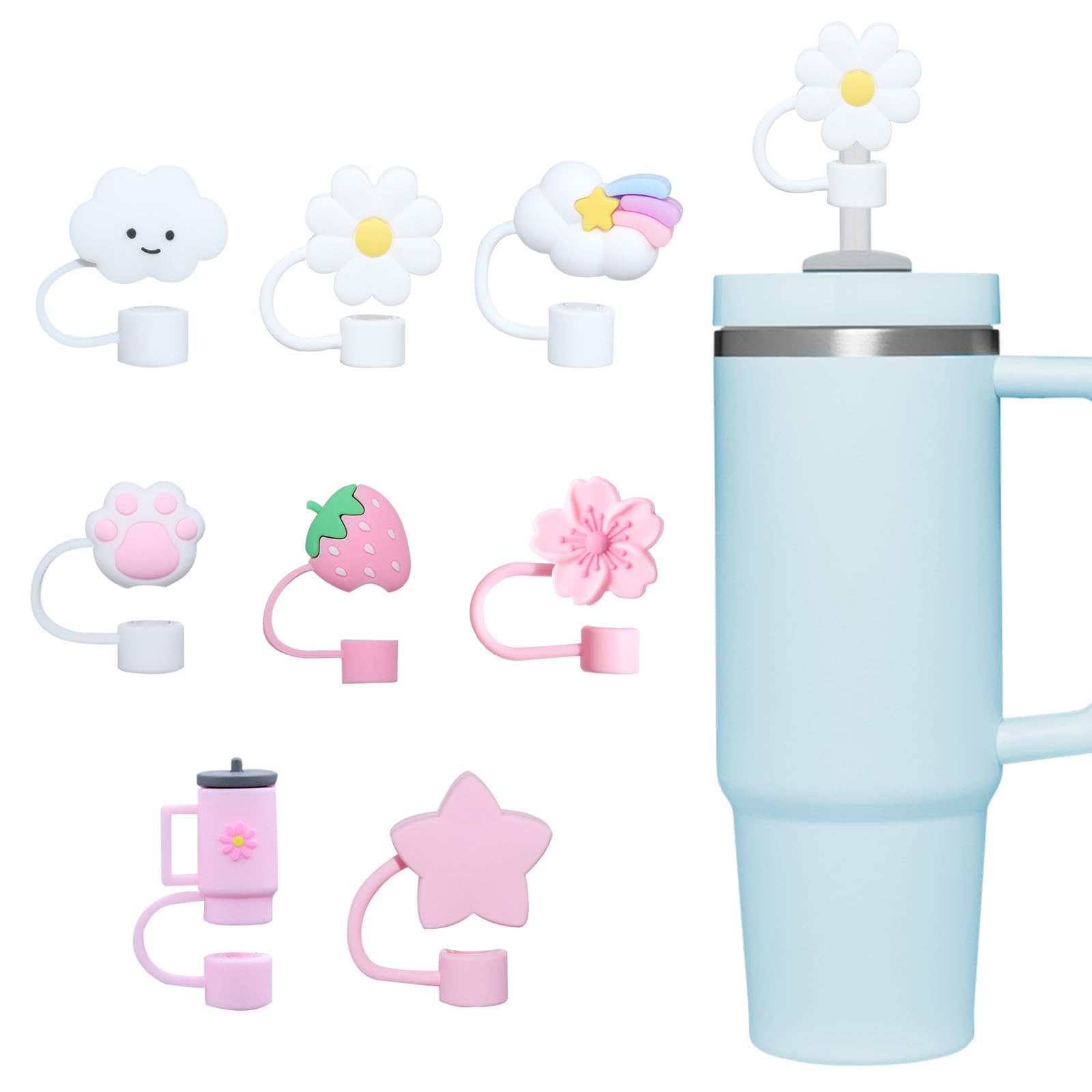8PCS Cute Silicone Straw Toppers & Dust-Proof Covers for Stanley Cup, Reusable 10mm Straw Caps - Fit 40/30 Oz Tumbler Accessories, Ideal for Daily Use, Office & Outings — image 1