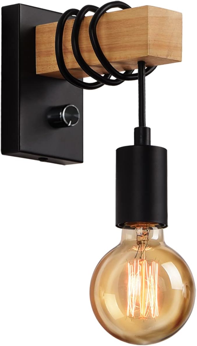 ENCOFTBlack Wall Lamp Dimmable Wall Light with ON/Off Dimmer Switch Vintage Industrial Wood Wall Sconces for Barn Kitchen, Living Room