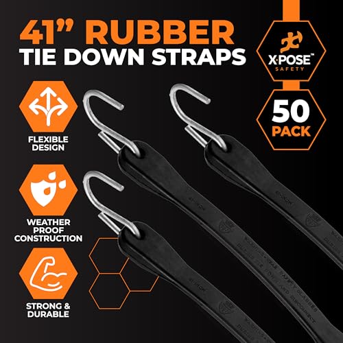 Image of Rubber Bungee Cords with Hooks 50 Pack 41 Inch (62 inch Max Stretch) Heavy-Duty Black Tie Down Straps for Outdoor, Tarp Covers, Canvas Canopies, Motorcycle, and Cargo - by Xpose Safety