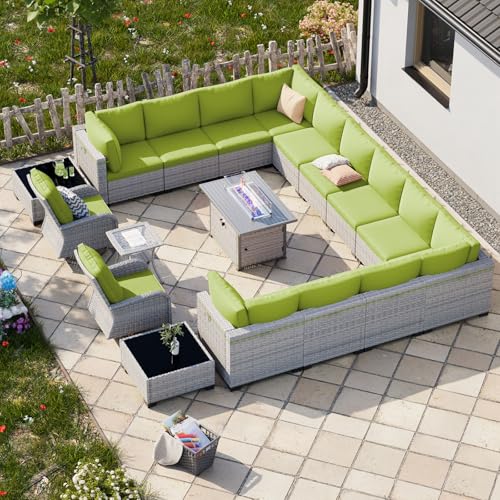 Image of 18-Piece Patio Furniture Set, Outdoor Patio Furniture with 55,000 BTU Fire Pit Table, Swivel Chairs Set, Thick Cushions, Modular Patio Sofa, Dual-Strand Wicker Rattan, Rust-Resistant Frame,Grass Green