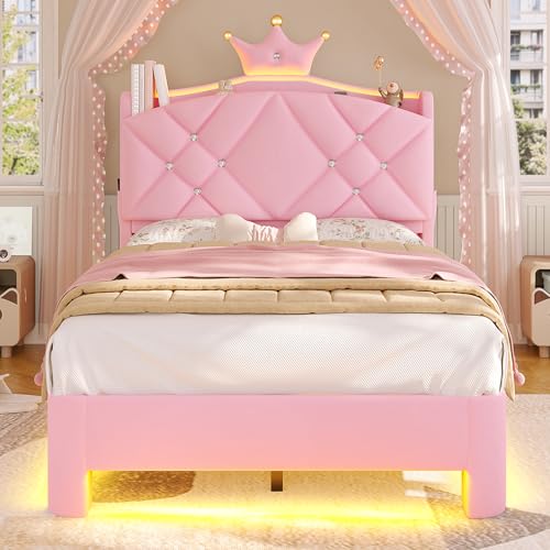 Recopilación de Camas Individuales para Niñas - 5 favoritos. 47 Marco de cama individual con luces LED, cama tapizada de princesa con cabecero con estación de carga y botón de vidrio y corona, cama de plataforma de terciopelo para niñas,...