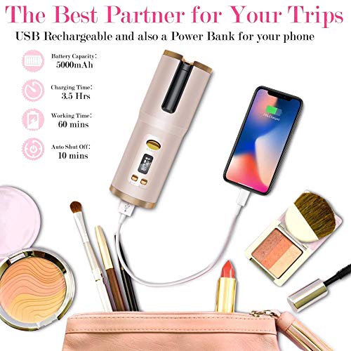 Cordless Auto Curler, Automatic Curling Iron, Rechargeable Auto Hair Curler with 6 Temperature & Timer Settings, Auto Shut-Off Portable Curling Wand for Hair Styling