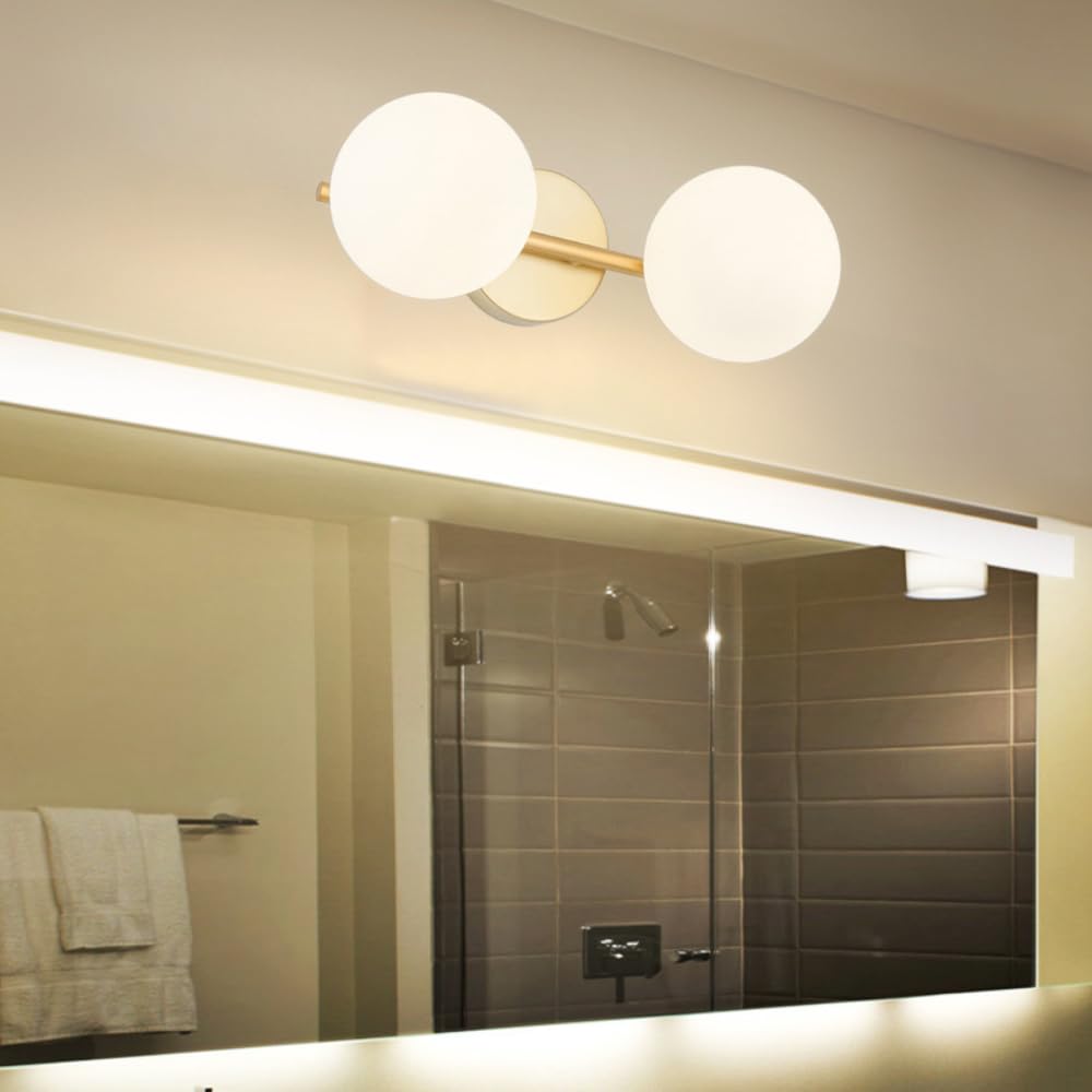 XINYASEE Aplique de baño dorado, lámpara de tocador moderna con pantalla de cristal opalino, adecuada para baño, pasillo, vestíbulo. (Dos cabezas)