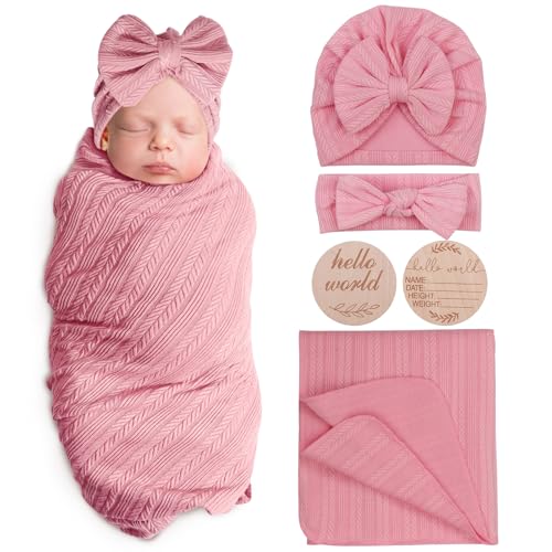 Image of AQOKKA Newborn Receiving Blanket with Bow Hat Headband Wooden Card Set Wheat-Pattern Newborns Toddler Baby Boy Girl Nursery Swaddle Wrap