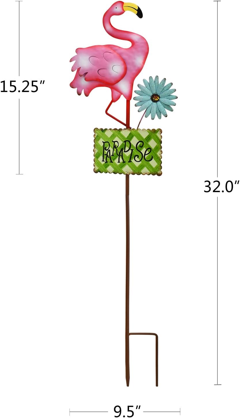 32"H Flamingo Garden Stakes Decor, Outdoor Metal Flamingo Welcome Yard Art Stake, Rustic Flamingo Flower Garden Stake Decorative, Indoor Outdoor Pathway Patio Lawn Spring Decoration (Green/blue sign)