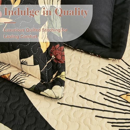 Image of Tyrot 3 Piece Black Boho Floral Full /Queen Quilt Sets Reversible Farmhouse Botanical Lightweight Bedspread Coverlet with 2 Shams Mid Century Microfiber Bedding Quilts Set for All Season,90''x96''