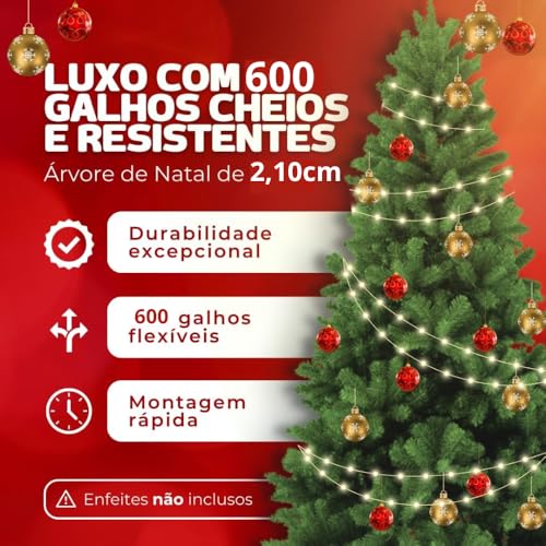 Árvore De Natal 2,10cm Pinheiro Luxo 600 Galhos Cheia Resistente Pinheiro De Natal Tradicional Verde