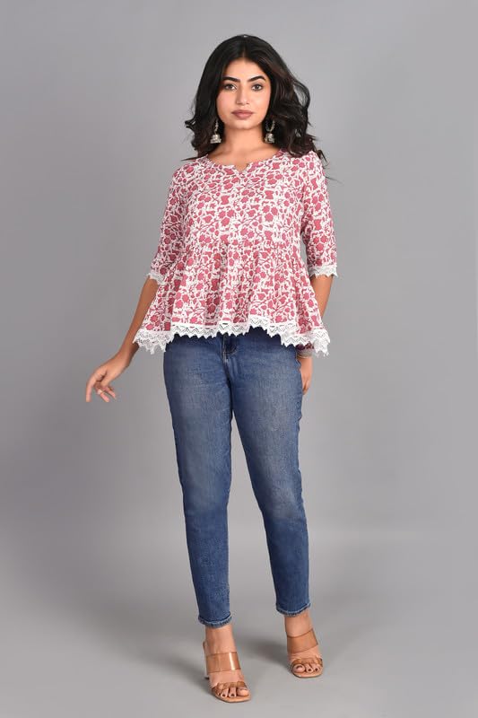 Image of KURTARI Women's Cotton Floral Anarkali Kurti Top | Printed Tunic Short Kurti for Women | Casual Party Ethnic Top
