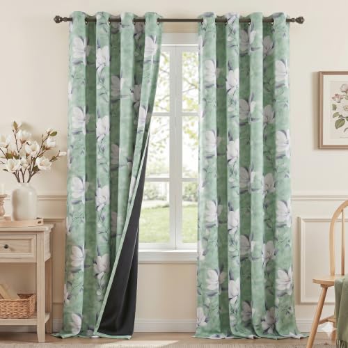 Image of MYSKY HOME Floral 95% Blackout Curtains 102 Inch Long 2 Panels Set for Kitchen White Flower Printed Thermal Insulated Light Blocking Black Out Grommet Window Treatments, 52 inch W Each Panel, Sage Green