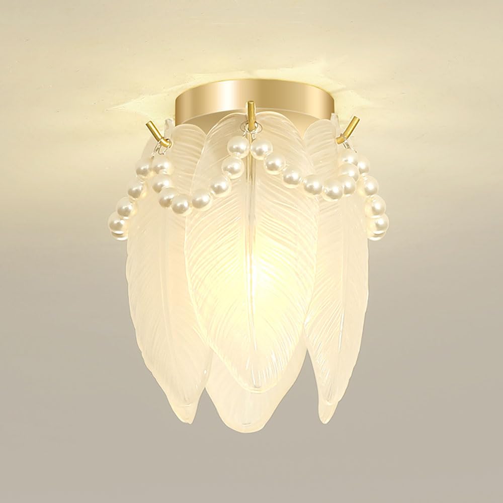 LLXDFUU Kitchen Glass Ceiling Lamp With Pearl Chain Art Decor 20cm French Luxury Pearl Feather Glass Chandelier Semi Flush Mount Ceiling Light Fixture Leaves Chandelier For Girls Bedroom Living Room