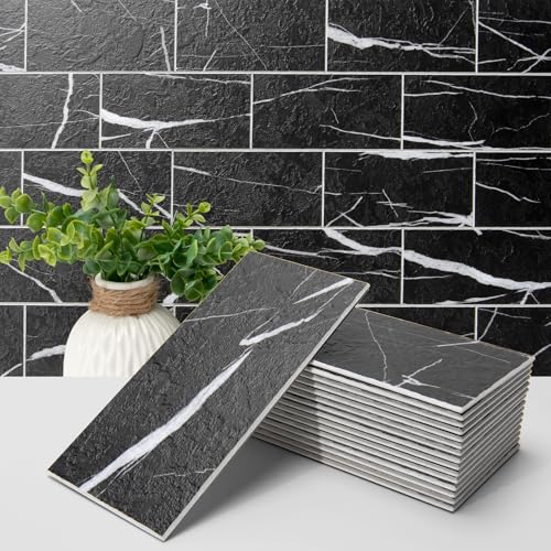 Art3d 102-Piece Faux Stone Peel and Stick Backsplash Tile, Waterproof Thick PVC Stick On Subway Wall Tile for Kitchen Bathroom Laundry Room Fireplace - 3' x 6' Black Marble
