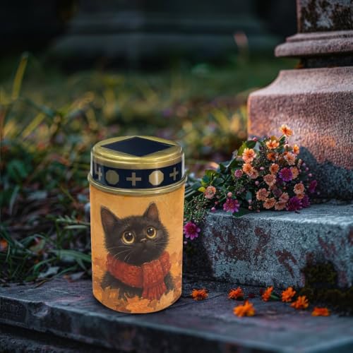 Image of Poceacles Solar Lights Outdoor Waterproof Cemetery Solar Outdoor Candle Grave Decoration Votive Candles Blessed Lights for Loss of Loves One, Black Cat Autumn Leaf, Set of 4