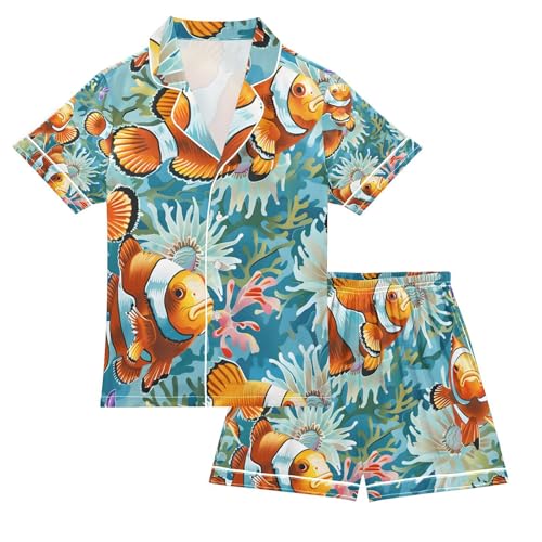 senya Colorful Coral Fishes Satin Summer Pajama Sets Silk Short Sleeve Button Down Sleepwear