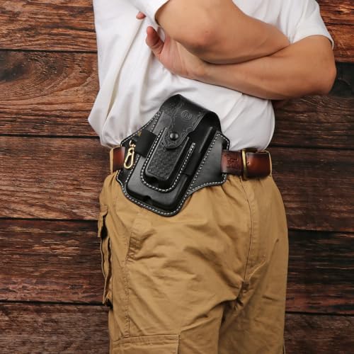 Image of Leather Cell Phone Holster Pouch Belt Case Multitool Camp EDC Sheath-Black | All-in-One EDC Organizer, Bottom Charging Port, Magnetic Closure,Full-Grain Leather,Gift for Camper,Retro Style Rigid Case