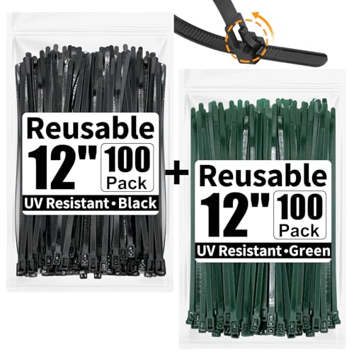 200 Pack Reusable Zip Ties 12 Inch Heavy Duty Cable Ties Black Dark Green by SOOoEC - Used condition - US$19.15