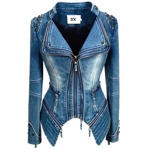 Women's Classic Denim Jacket Personality Studded Punk Motorcycle Dovetail Jacket