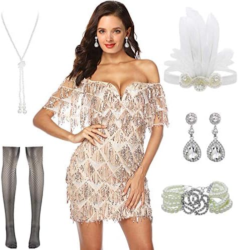 Women Halter V-Neck Sequins Tassel 1920s Flapper Inspired Party Dance Dress with 20s Gatsby Accessories Set