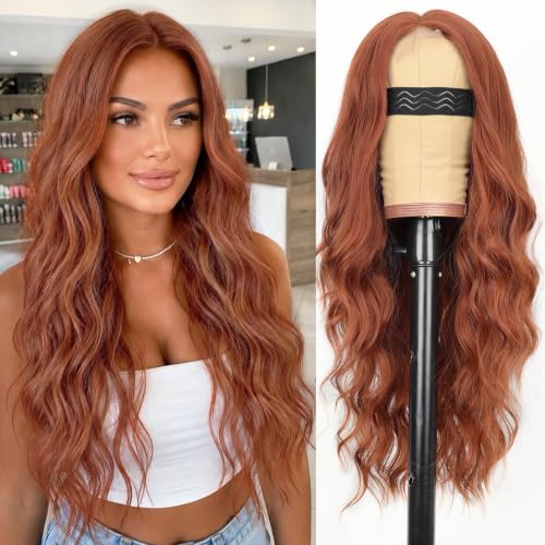 Image of AISI HAIR Copper Auburn Wavy Wig with Soft Pink Ends for Women, Long Wavy Lace Hairline Middle Part Synthetic Heat Resistant Wig for Daily Party-26 Inch
