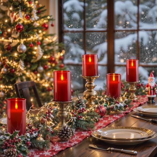 Image of Homemory Red Glass Flameless Candles, Battery Operated LED Pillar Candles with Remote Control and Timer, Radiance Candles, Real Wax, Set of 3,D3 xH4 5 inch 6 inch