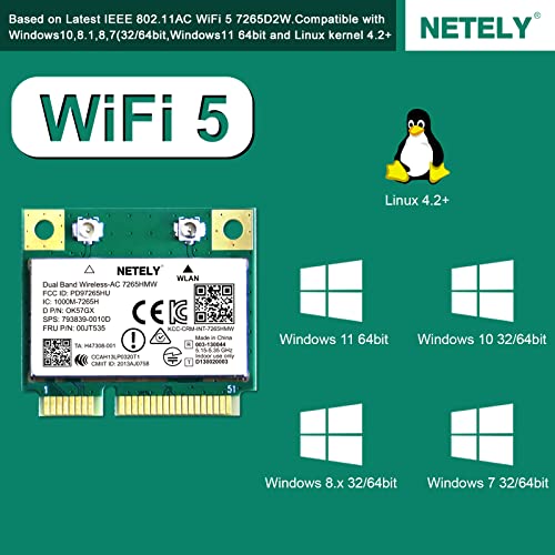 Netely WIRELESS-AC 7265HMW Mini-Pcie Interface 1200Mbps Wifi Adapter With Bluetooth 4.2 For Windows 7,8.1,10,11 Laptop Pcs And Desktop Pcs thumb #2