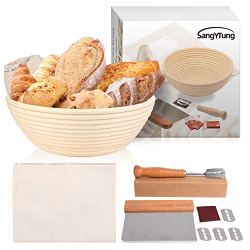 10 Inch Bread proofing Basket,Bakers Dough Couche (30 x18 ),Banneton Proofing Basket+Dough Scraper+Bread Lame,Bread Baking Kit,100% Flax Linen Proofing Cloth for Baking French Bread。