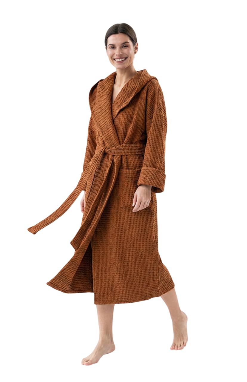 Magic Linen - Unisex Waffle Bathrobe Hooded Linen-cotton Blend Bath Robe Lightweight Robe for Women and Men