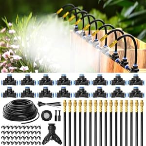 MIXC 100Ft 1/4″ Drip Irrigation System,2025-Upgrade Garden Irrigation Kit with 16pcs Adjustable Copper Nozzles,Automatic Atomizing Watering Sprinkler System for Outdoor,Raisedbed,Lawn,Greenhouse