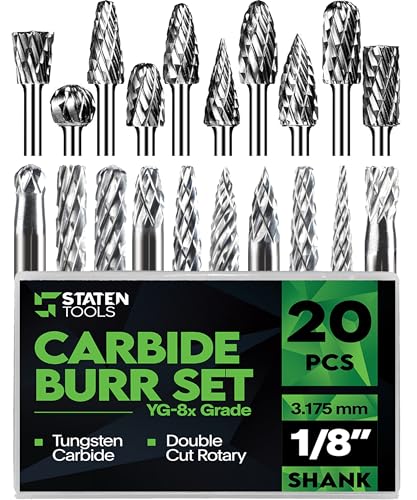 Carbide Bur Set 1/8 Shank - 20 Pcs Double Cut Die Grinder Bits for Milling, Carving, Engraving, Deburring, Drilling, Hard Wood and Metals – YG-8x Tungsten Carbide Drill Bit Set for Rotary Tools