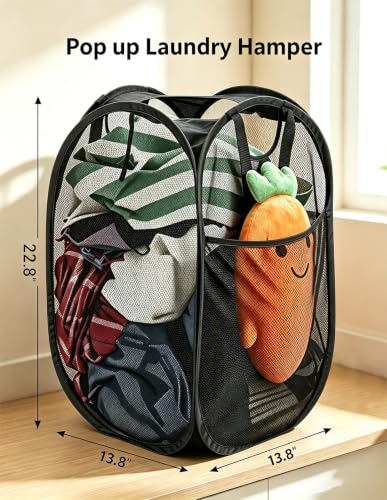 Image of HOUSE AGAIN 2 Pack Strong Mesh Pop Up Laundry Hamper, 70L Collapsible Laundry Basket with Steel Frame, Double‑Stitched Handles & Side Pocket, Foldable Dirty Clothes Hamper for Dorm, Bedroom, Black