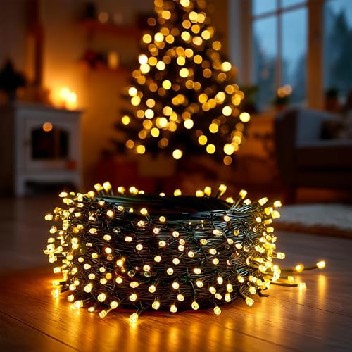 Image of Dazzle Bright Christmas String Lights, 600 LED 196 FT Waterproof Green Wire String Lights with 8 Lighting Modes Timer, Christmas Decorations Outdoor for Party Yard Garden Xmas Tree Decor, Warm White