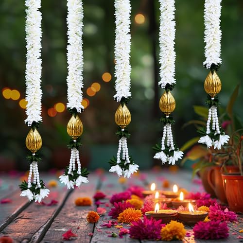 DIYANA IMPEX Diwali Decorations for Home 5 Pc Artificial Flower Garland  Ganpati Decoration Indian Decor Hanging for Temple Wedding & Deepawali Gifts (Kalash White)
