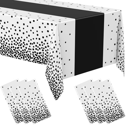 Image of Oudain 3 Pcs Black and White Polka Dot Tablecloth, Minimalist Disposable Plastic Waterproof Tablecloths, Rectangle Table Cover for Birthday Wedding Baby Shower Minimalist Party Decorations, 54 inch x 108 inch