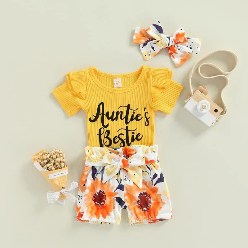 Newborn Baby Girl Auntie Outfits Auntie's Bestie Short Sleeve Ribbed Romper Floral Shorts Clothes with Headband - Image 2