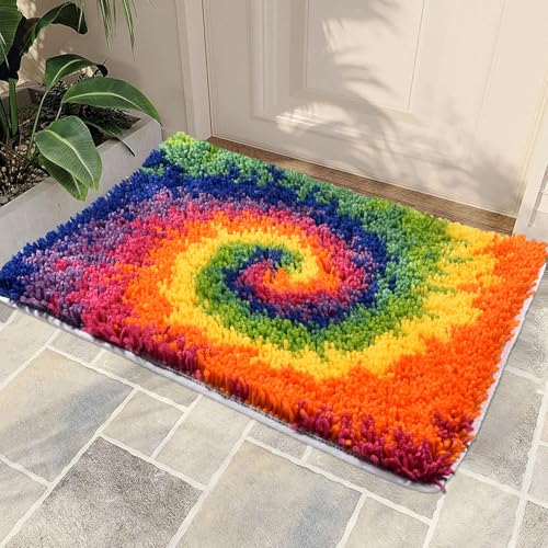 Image of kingsea Latch Hook Kits DIY Crochet Needlework Crafts Color Printed Rug Cover Cushion Carpet, Latch Hook Kits for Adults Teen Home Decoration, Rainbow Roll - 20 inchX 15 inch