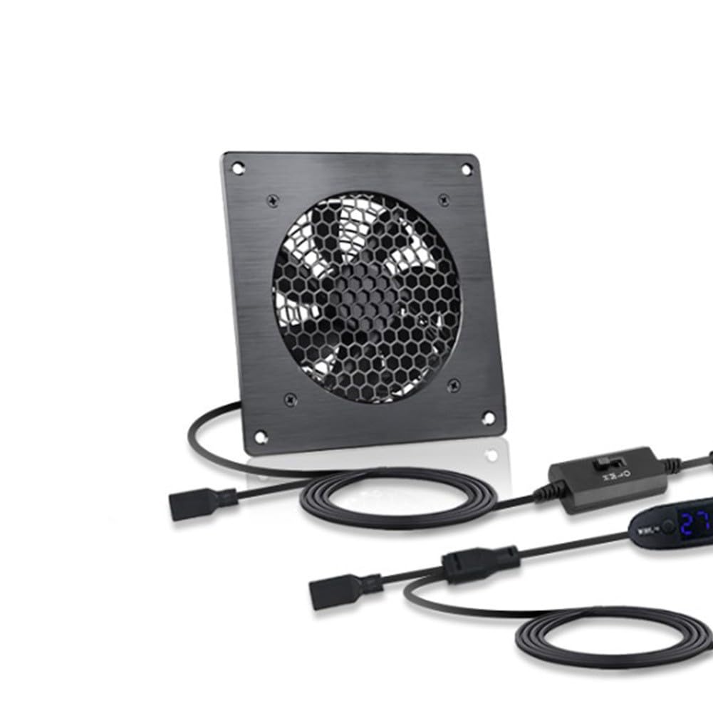 Ventola USB con termostato 0-60 °C, 3 velocità, silenziosa 19,3 dB, doppio cuscinetto a sfera, alloggiamento in alluminio, ventola di raffreddamento per armadi AV, serra, gabbia per animali