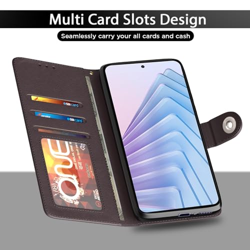 Image of Pikkme Flip Cover Leather Finish | Inside TPU with Card Pockets | Wallet Stand and Shock Proof | Complete Protection Button Flip Case for Redmi Note 14 5G (Coffee)