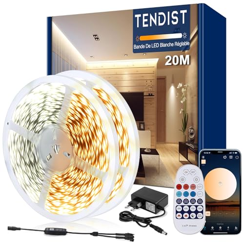TENDIST 20M Ruban LED Blanc Froid, 3000k-6500K Ruban Led Blanc Chaud LED 24V S'auto-adhésives Avec Télécommande, Application Intelligente, Pour La Décoration Intérieure (3000-6500K, 20M)