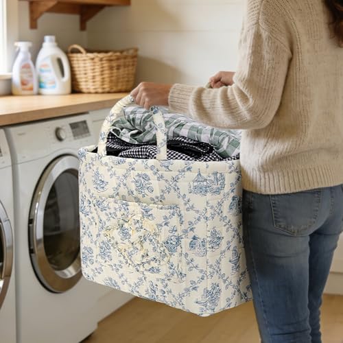 Image of Quilted Fabric Basket Foldable Car Storage Boho Floral Laundry Basket Hamper for Nursery Bedroom & Living Room | Organize Clothes Toys